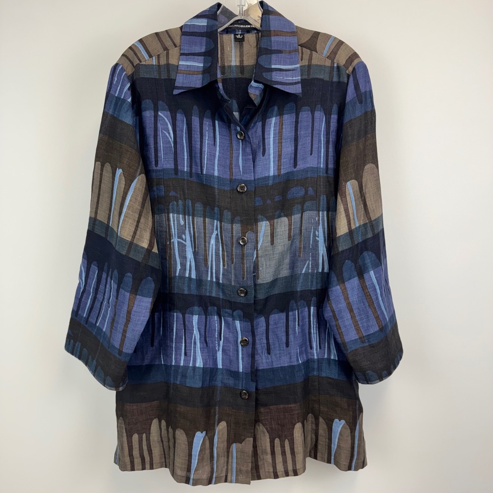 Linda Allard Ellen Tracy 100% Linen Abstract Drip Print Shirt Blue Brown Size 6
